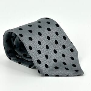 Vintage 80s Andrew Scott Silver Black Polka Dot 100% Silk Necktie